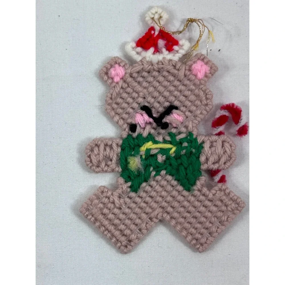 Vintage Handmade Plastic Canvas Christmas Teddy Bear Ornament Santa Candy Cane